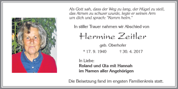 Traueranzeige von Hermine Zeitler von Allgäuer Zeitung, Füssen