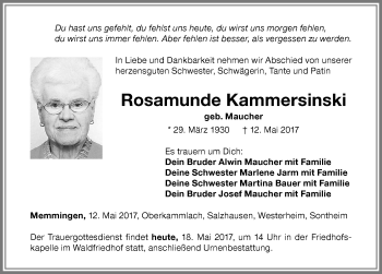 Traueranzeige von Rosamunde Kammersinski von Memminger Zeitung