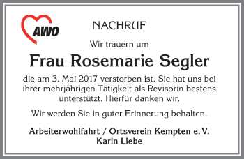 Traueranzeige von Rosemarie Segler von Allgäuer Zeitung,Kempten