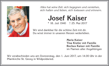 Traueranzeige von Josef Kaiser von Allgäuer Zeitung,Kempten