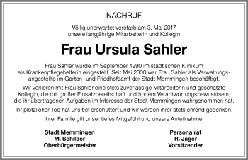 Traueranzeige von Ursula Sahler von Memminger Zeitung