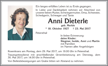 Traueranzeige von Anni Dieterle von Allgäuer Zeitung,Kempten