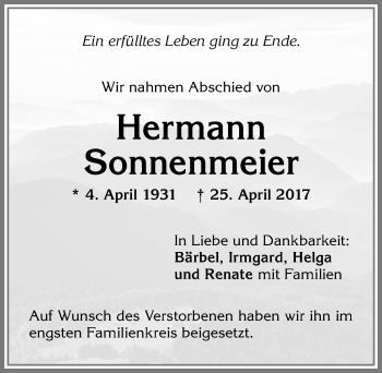 Traueranzeige von Hermann Sonnenmeier von Allgäuer Zeitung,Kempten