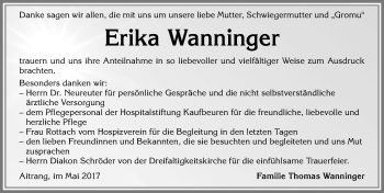 Traueranzeige von Erika Wanninger von Allgäuer Zeitung, Kaufbeuren/Buchloe