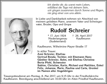 Traueranzeige von Rudolf Schreier von Allgäuer Zeitung, Kaufbeuren/Buchloe