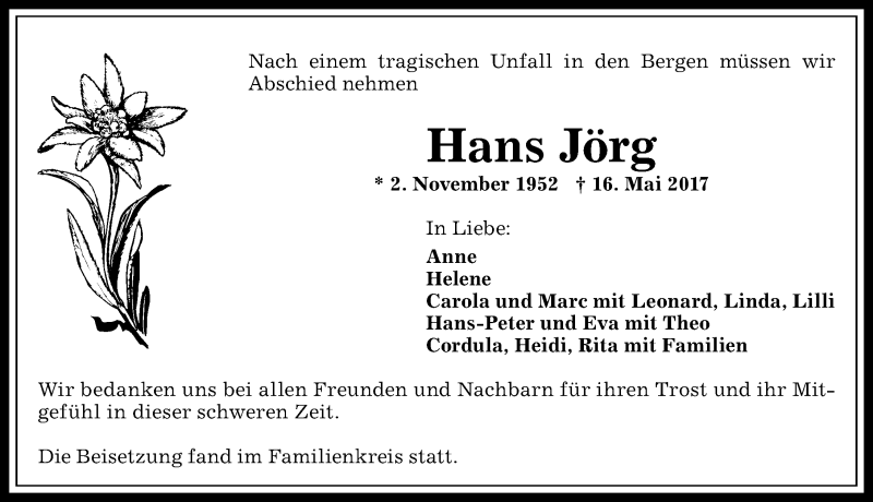  Traueranzeige für Hans Jörg vom 27.05.2017 aus Allgäuer Anzeigeblatt