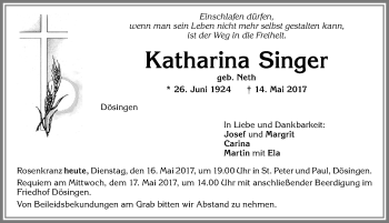 Traueranzeige von Katharina Singer von Allgäuer Zeitung, Kaufbeuren/Buchloe