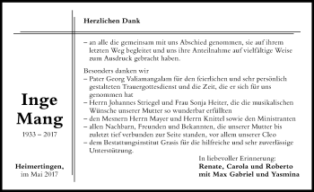 Traueranzeige von Inge Mang von Memminger Zeitung