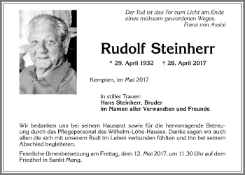 Traueranzeige von Rudolf Steinherr von Allgäuer Zeitung,Kempten