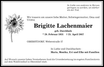 Traueranzeige von Brigitte Lachenmaier von Allgäuer Anzeigeblatt