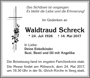 Traueranzeige von Waldtraud Schreck von Allgäuer Zeitung, Füssen