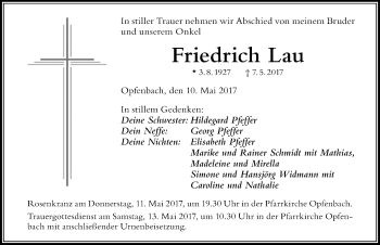 Traueranzeige von Friedrich Lau von Der Westallgäuer
