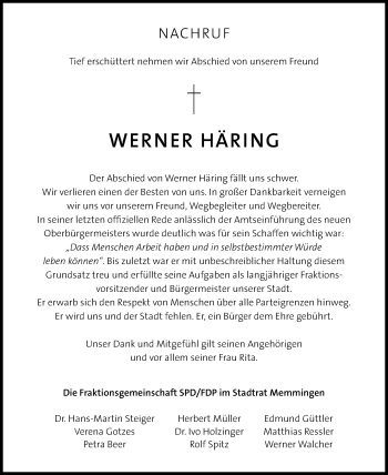 Traueranzeige von Werner Häring von Memminger Zeitung