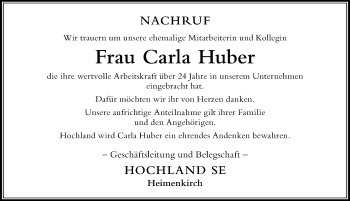 Traueranzeige von Carla Huber von Der Westallgäuer
