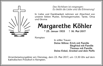 Traueranzeige von Margarethe Köhler von Allgäuer Zeitung,Kempten