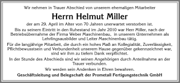 Traueranzeige von Helmut Miller von Allgäuer Zeitung, Füssen