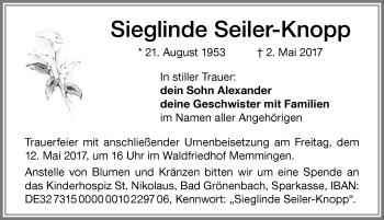 Traueranzeige von Sieglinde Seiler-Knopp von Memminger Zeitung