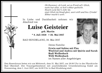 Traueranzeige von Luise Geisteier von Allgäuer Anzeigeblatt