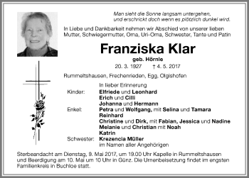 Traueranzeige von Franziska Klar von Memminger Zeitung