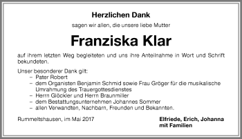 Traueranzeige von Franziska Klar von Memminger Zeitung