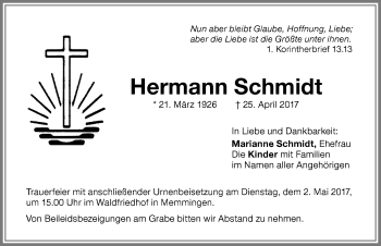 Traueranzeige von Hermann Schmidt von Memminger Zeitung