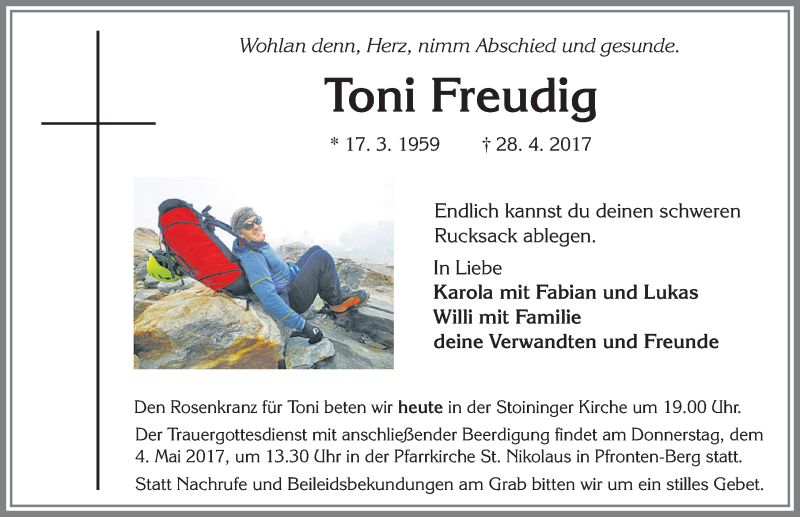  Traueranzeige für Toni Freudig vom 03.05.2017 aus Allgäuer Zeitung, Füssen