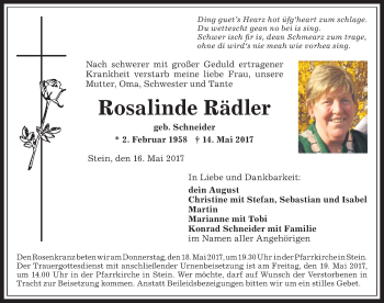 Traueranzeige von Rosalinde Rädler von Allgäuer Anzeigeblatt