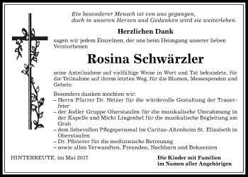 Traueranzeige von Rosina Schwärzler von Allgäuer Zeitung