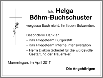Traueranzeige von Helga Böhm-Buchschuster von Memminger Zeitung