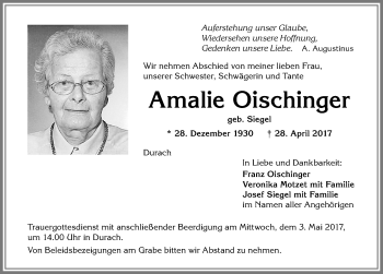 Traueranzeige von Amalie Oischinger von Allgäuer Zeitung,Kempten