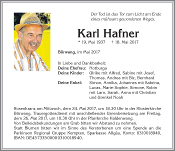 Traueranzeige von Karl Hafner von Allgäuer Zeitung,Kempten