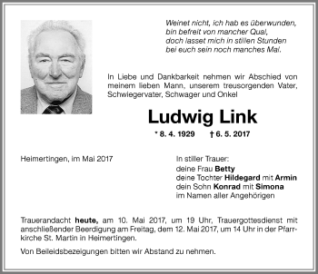 Traueranzeige von Ludwig Link von Memminger Zeitung