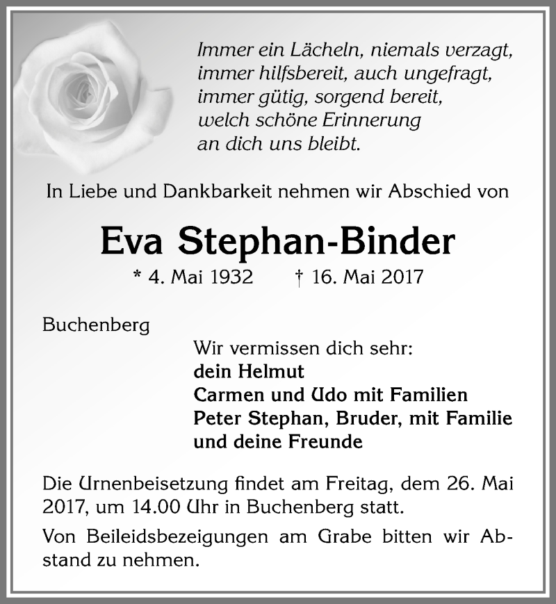  Traueranzeige für Eva Stephan-Binder vom 23.05.2017 aus Allgäuer Zeitung,Kempten
