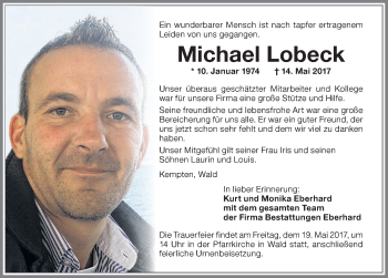 Traueranzeige von Michael Lobeck von Allgäuer Zeitung,Kempten