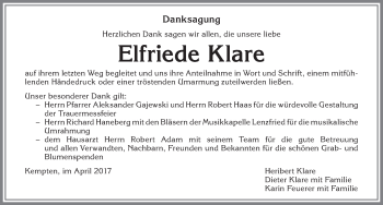 Traueranzeige von Elfriede Klare von Allgäuer Zeitung,Kempten
