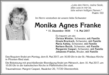 Traueranzeige von Monika Agnes Franke von Allgäuer Zeitung, Füssen