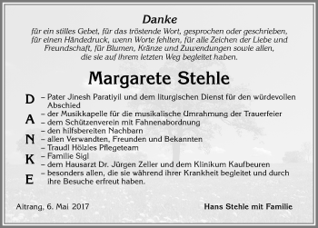 Traueranzeige von Margarete Stehle von Allgäuer Zeitung, Marktoberdorf