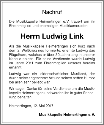 Traueranzeige von Ludwig Link von Memminger Zeitung