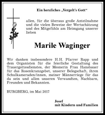 Traueranzeige von Marile Waginger von Allgäuer Anzeigeblatt