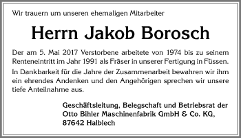 Traueranzeige von Jakob Borosch von Allgäuer Zeitung, Füssen