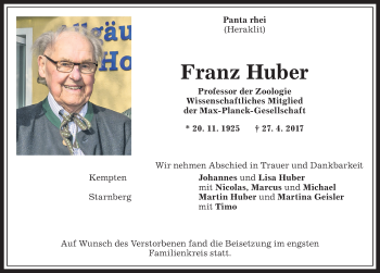 Traueranzeige von Franz Huber von Allgäuer Zeitung