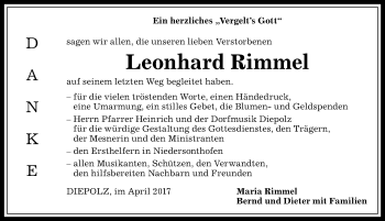 Traueranzeige von Leonhard Rimmel von Allgäuer Anzeigeblatt