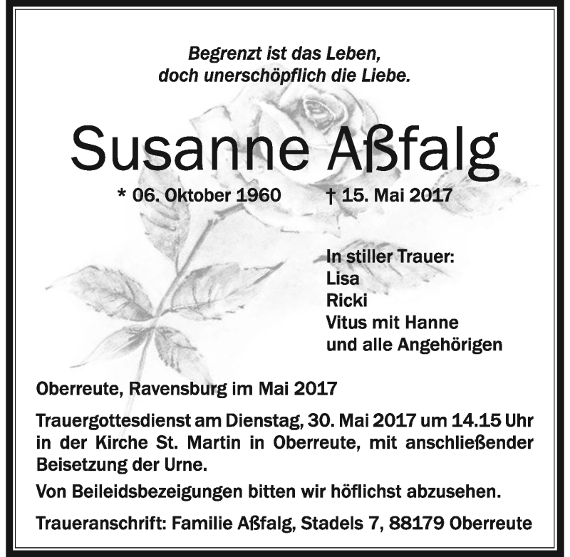  Traueranzeige für Susanne Aßfalg vom 27.05.2017 aus Der Westallgäuer