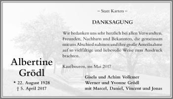 Traueranzeige von Albertine Grödl von Allgäuer Zeitung, Kaufbeuren/Buchloe