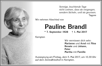 Traueranzeige von Pauline Brandl von Allgäuer Zeitung,Kempten