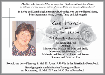 Traueranzeige von Resi Furch von Allgäuer Zeitung, Marktoberdorf