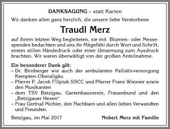Traueranzeige von Traudl Merz von Allgäuer Zeitung,Kempten