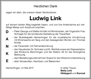 Traueranzeige von Ludwig Link von Memminger Zeitung