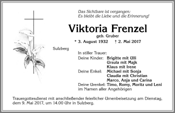 Traueranzeige von Viktoria Frenzel von Allgäuer Zeitung,Kempten