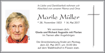 Traueranzeige von Marile Müller von Allgäuer Zeitung, Füssen